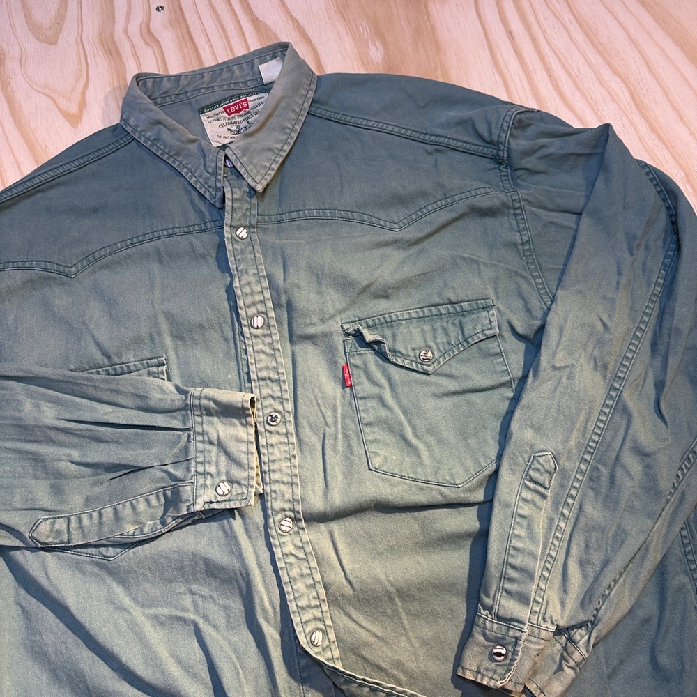 Levis Mens XL Green Western Pearl Snap Button Down Shirt Long Sleeve Casual